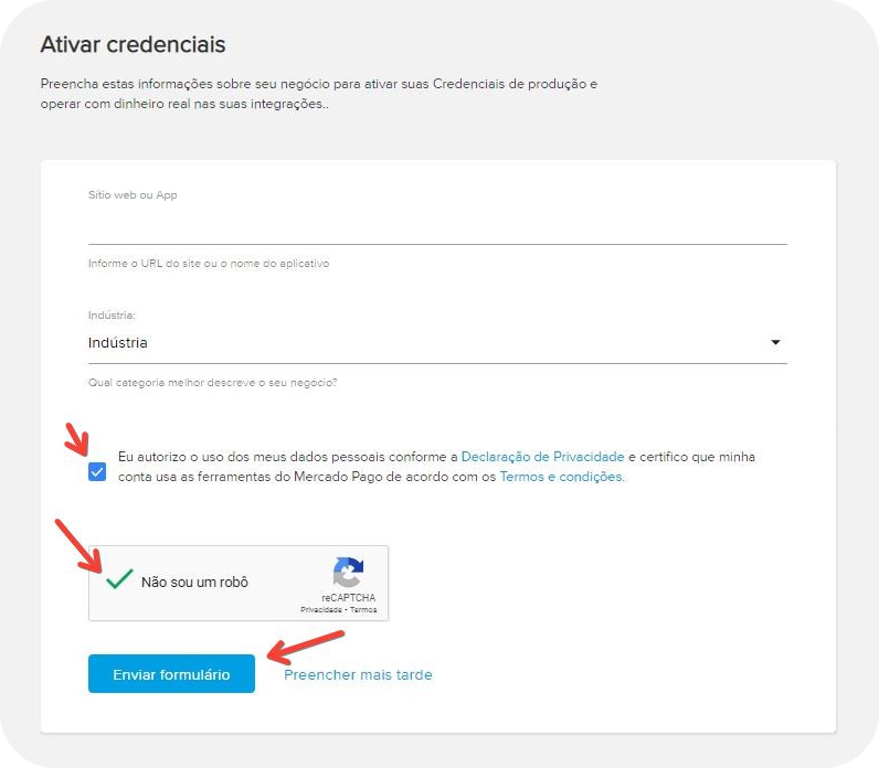 Ativando credenciais Mercado Pago
